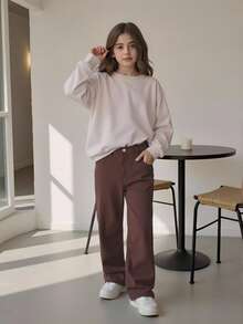 SHEIN Tween Girl Zipper Fly Straight Leg Jeans Summer Holiday - Coffee Brown - View 6