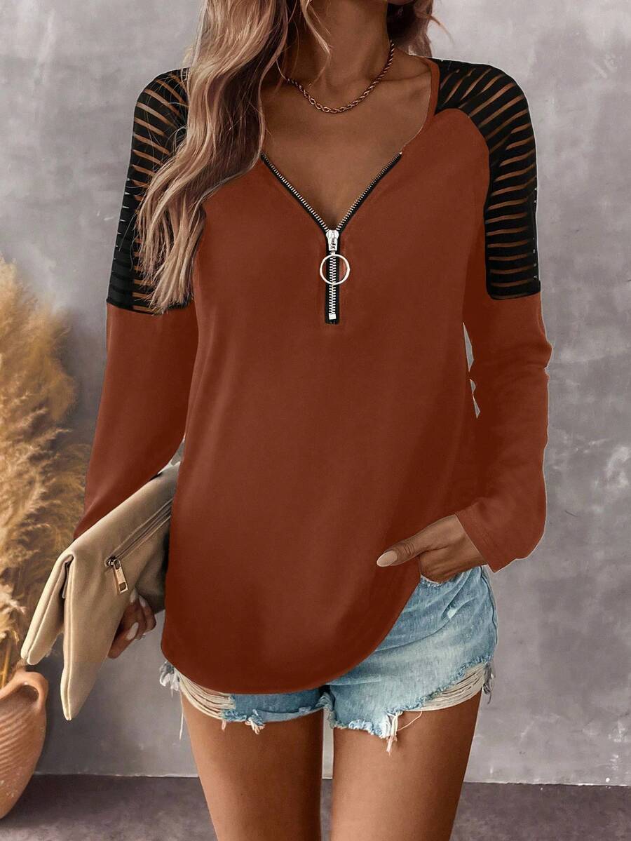 EMERY ROSE Women's Autumn Splice Shoulder Zip V-Neck Raglan Long Sleeve Casual Knit T-Shirt