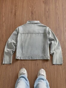 SWAVVY 男士休闲浅蓝色水洗牛仔长袖外套，适合秋季穿着，情侣装 - 淺色水洗藍 - 查看 2