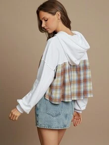 WESTFADE Mix Media French Terry & Plaid Flannel Loose Fit Hoodie Cute Fall Tops For Women Country Concert - Multicolor - View 2