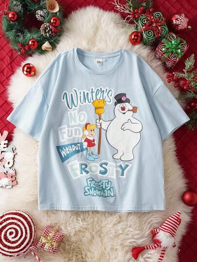 Frosty the Snowman X SHEIN Tween Girl Cartoon Snowman Print Christmas Crew Neck Short Sleeve T-Shirt