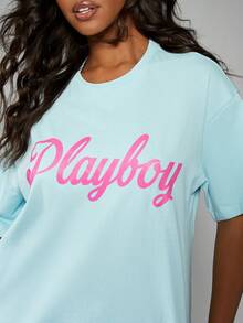 Missguided x Playboy Baumwoll-Oversize-Grafik-T-Shirt, lässiger Sommer-Streetwear-Grundbedarf - Babyblau - Übersicht 5