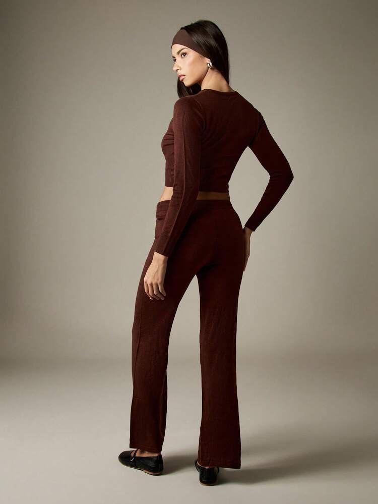 MISSGUIDED Knitted Long Sleeve Button Up Crop Cardigan Sweater Wide Leg Pants Coordinated Set Fall Winter Fashion Two Piece Outfit