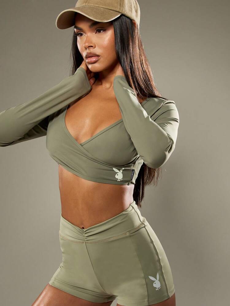 Missguided x Playboy Long Sleeve Wrap Front Crop Top With Bunny Logo V Neck Athletic Style