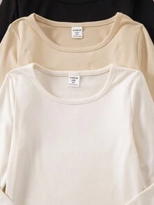 SHEIN Elladie kids Áo thun tay dài cổ tròn màu trơn dáng rộng thoải mái cho bé gái, thoải mái và thời trang, thích hợp khi đi du lịch, đen/trắng/xám, xuân/thu - Nhiều màu - Xem 4