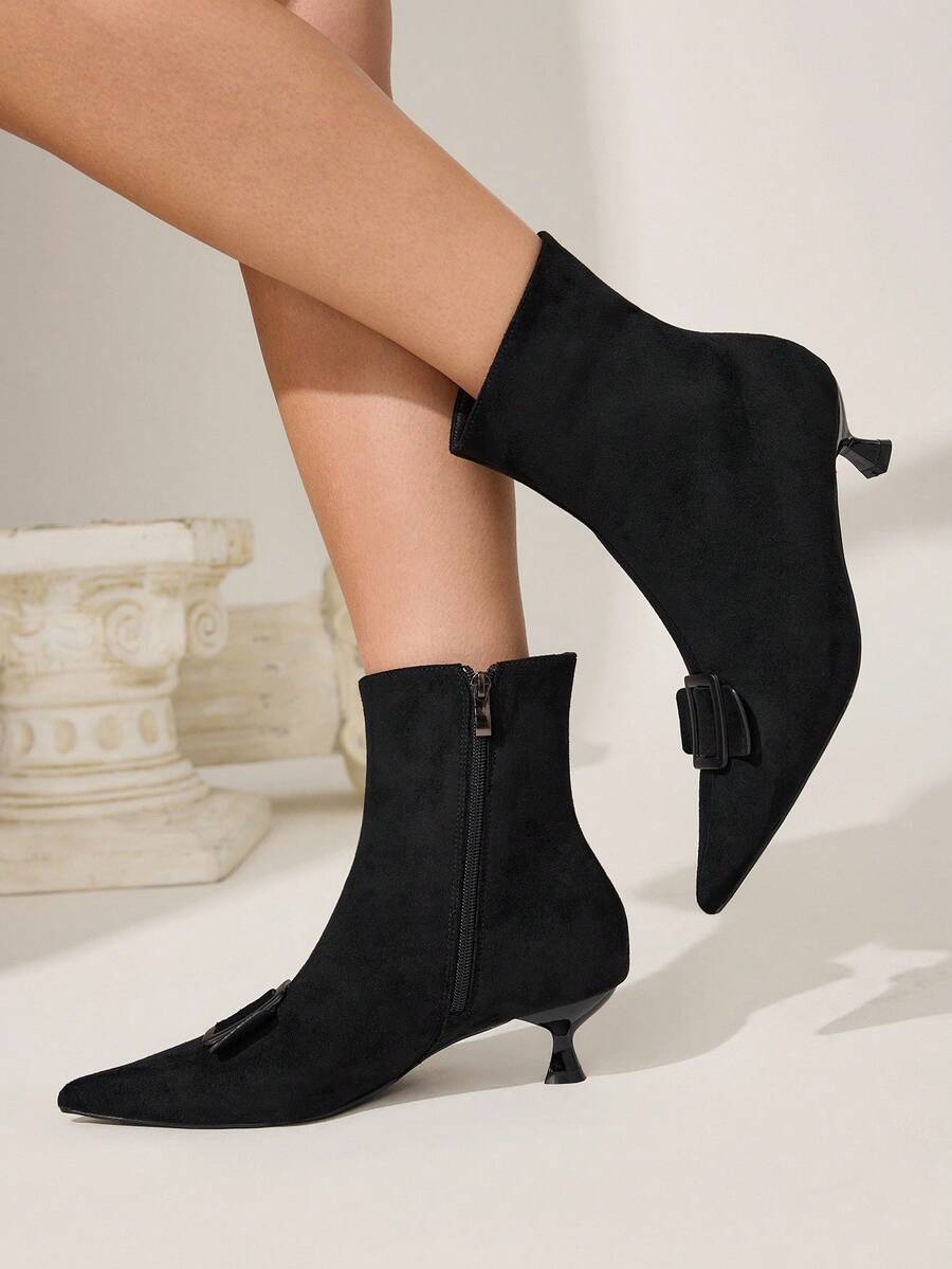 CUCCOO CHICEST Women's Fashion Kitten Heel All-Match Style Versatile Striped Metal Decor Zipper Knee-High Boots - Black - View 1