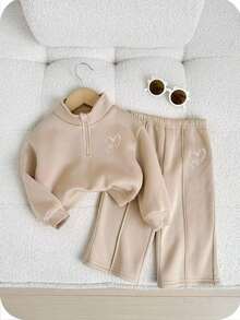 2pcs Baby Girl Fleece Sweatshirt & Pants Set, Heart Embroidery, Casual Outfit For Outdoor & Indoor Wear, Autumn/Winter Neutral Baby Clothes Baby Tracksuit Mocha Baby Clothes Two Piece Toddler Set Toddler Co Ord  Baby Fall Clothes Winter Clothes