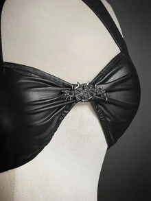 SHEIN ICON 女士万圣节PU镂空性感无袖金属装饰上衣，黑色上衣 - 黑色 - 查看 6