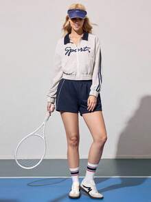CourtClass Women's Casual Sweatshirt Fabric Patchwork Contrast Color Ribbed Waist Sporty Shorts With Pocket,Suitable For Tennis,Sports&Daily Wear Tennis Skirt - Navy Blue - View 5