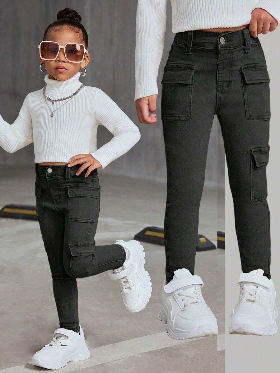 SHEIN Young Girl Washed Slim Fit Cargo Jeans - Black - View 1