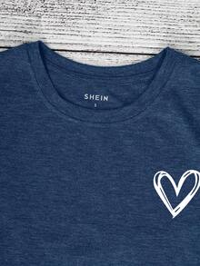 EMERY ROSE Women's Round Neck Heart Print Short Sleeve Casual Fashion Regular T-Shirt