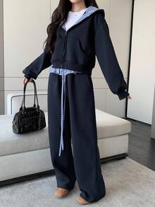 DAZY 女士宽松拉链连帽外套和裤子两件套运动服套装，女士休闲家居服套装 - 藏蓝色 - 查看 4