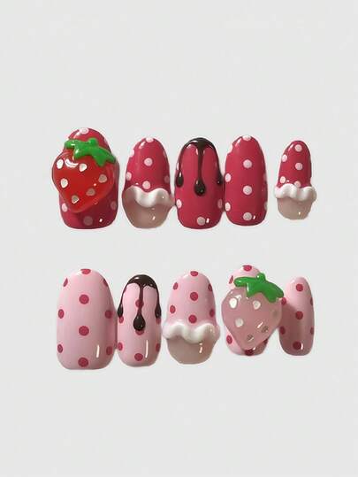 Anime 10pcs Kawaii Sweet Cute Strawberry Decor Vintage Polka Dot Pop Art Fashion Minimalist Lolita Mass-Produced Handmade False Nails For Women, Suitable For Shopping, School, Commuting, Dating, Suitable For Christmas, New Year