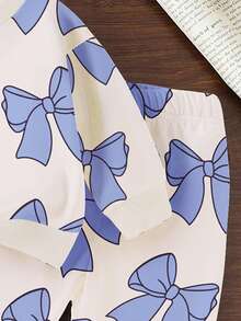 SHEIN Bộ 2 áo nỉ cổ tròn in nơ xanh dễ thương và quần nỉ cho bé gái, thời trang thường ngày, thu/đông - Nhiều màu - Xem 7
