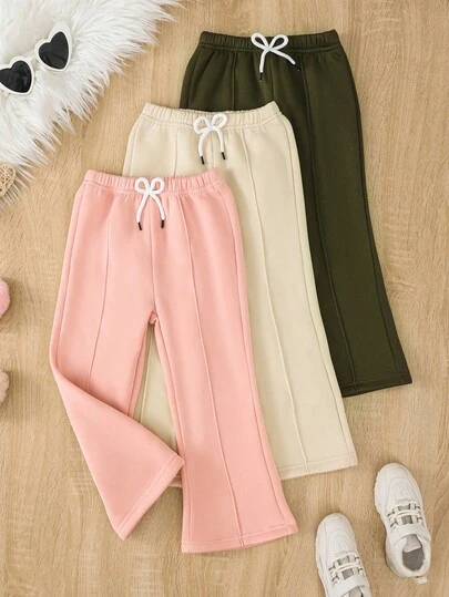 SHEIN Vintaside Kids 少女系带纯色休闲喇叭腿运动裤套装，秋冬