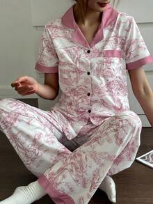 SHEIN 中国风动植物印花撞色拼布翻领短袖睡衣套装真丝睡衣套装女士睡衣套装粉色睡衣套装印花睡衣套装动物印花睡衣套装 - 粉色 - 查看 1