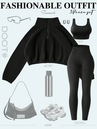 Gameset SHEIN Sport 女士休闲运动套装，带保暖衬里，包含紧身吊带背心和紧身裤，适合跑步、健身、户外活动、秋冬季