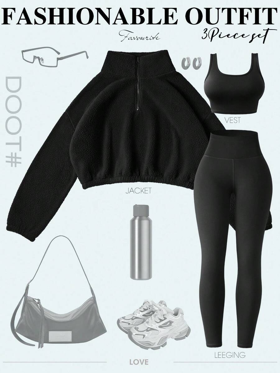 Gameset SHEIN Sport Women's Casual Sports Set With Thermal Lining, Includes Tight Fit Camisole And Leggings, Suitable For Running, Fitness, Outdoor Activities, Autumn/Winter Gym Outfit Set - Black - View 1