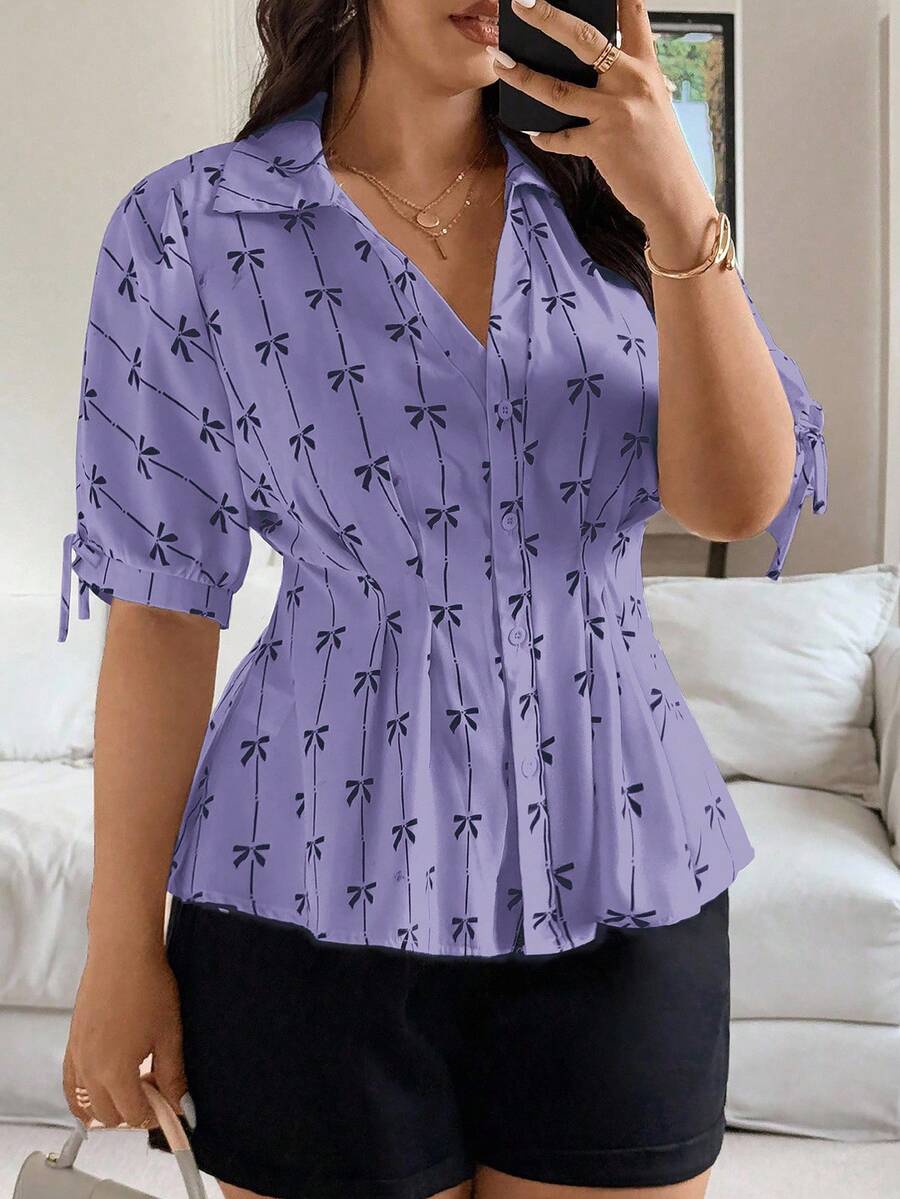 Vionelle Plus Size Women's Butterfly Print Short Sleeve Single-Breasted Ruched Waist Fashionable Blouse - Purple - View 1