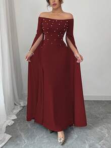 Rafferiza 优雅紫色奢华露肩仿珍珠泡泡雪纺仙女袖女式连衣裙，春夏