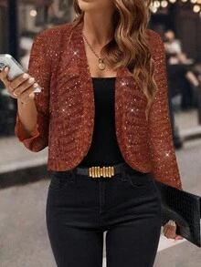 SHEIN Clasi Women's Shiny Long Sleeve Open Front Lightweight Jacket In Fall/Winter - Burnt Orange - View 1