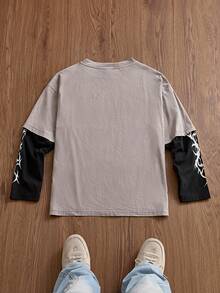 Manfinity VCAY 男士休闲时尚针织圆领二合一字母印花T恤，适合秋季穿着，情侣款 - 卡其色 - 查看 2