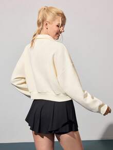 CourtClass Women's Autumn/Winter Thermal Lined Personalized Slogan Dropped Shoulder Drop Shoulder Loose Pocket Stand Collar Contrast Zipper Sports Casual Tennis Jacket - Apricot - View 2