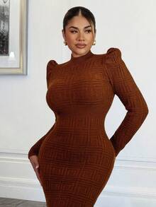 Xyvia Women's Autumn/Winter Long Textured Elegant Bodycon Dress With Puff Sleeves - Mocha Brown - View 6