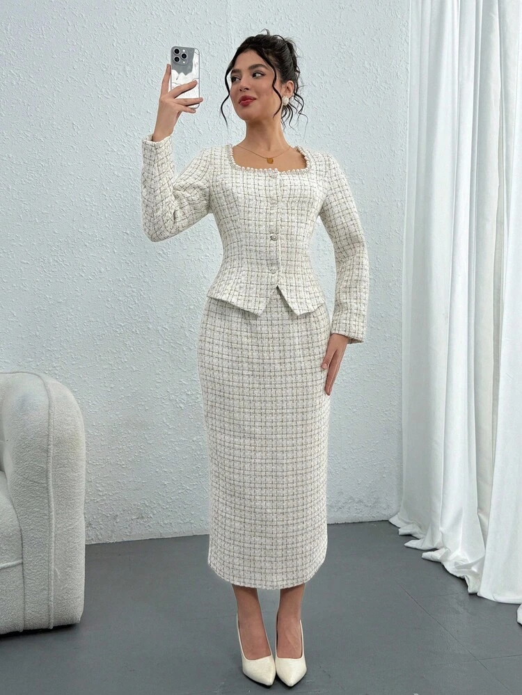Women's Autumn Plaid Long Sleeve Faux Pearl Decor Single-Breasted Jacket And Midi Skirt Elegant 2 Pieces Set