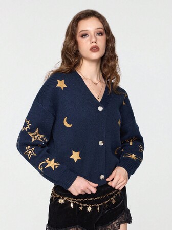 Cardigan da donna in stile hippie e bohémien, con ricami a luna e stelle, adatto per l'autunno/inverno