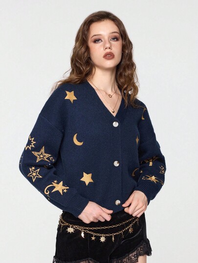 Women's Hippie Bohemian Style Moon & Star Embroidered Cardigan, Autumn/Winter