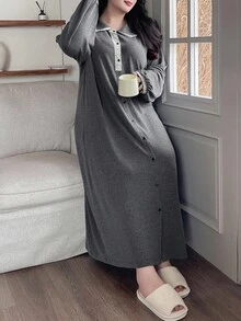 Dazy Plus Plus Size Women Peter Pan Collar Contrast Lace Half Open Front Loose Long Casual Nightgown, Spring/Autumn, For Fall, Winter - Grey - View 5
