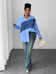 Maweii 大码女式春秋季长袖撞色条纹休闲衬衫，性感百搭，适合工作和日常穿着，蓝色 - 彩色 - 查看 5