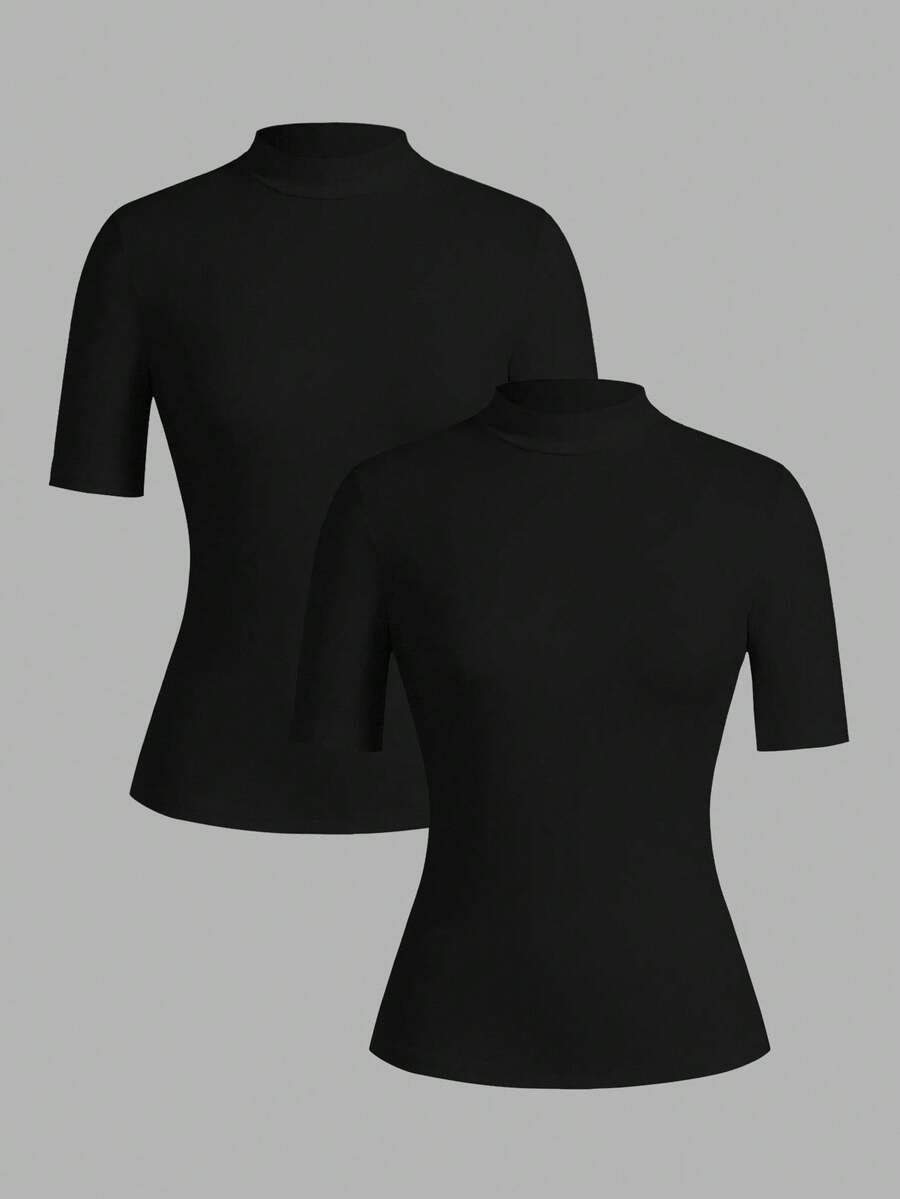 SHEIN EZwear 2件套女式黑色立领修身长袖打底T恤套装 - 黑色 - 查看 1