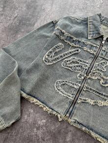 Attitoon Áo khoác denim mùa đông thu cổ điển Y2k cho nữ tay dài có viền tua rua phía trước, mặc hàng ngày - Rửa nhẹ - Xem 7