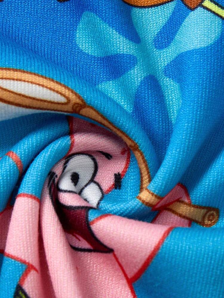 SpongeBob SquarePants | SHEIN 2件套男童海洋图案圆领长袖上衣和裤子针织舒适休闲弹力睡衣套装 - 藍色 - 查看 4