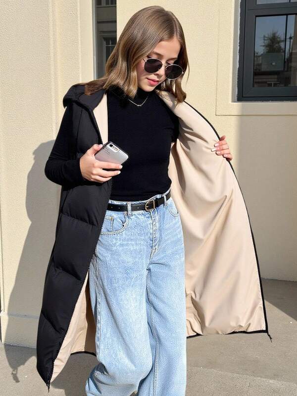 SHEIN Colete longo acolchoado com capuz, casual, para meninas adolescentes, com bolsos, em cores contrastantes, para outono/inverno