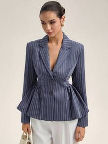 Revavyn Blazer de mujer con bajo con volante y solapa entallada, de manga larga a rayas - Gris - Ver 3