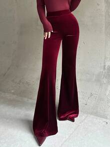 Firerie Women's New Elegant Casual Everyday Commute Fashion Versatile High Waist Slim Fit Velvet Flare Pants, Wine Red, Suitable For Autumn/Winter, Airport, Teacher, Office Wear, Cozy Fall, Christmas, New Year