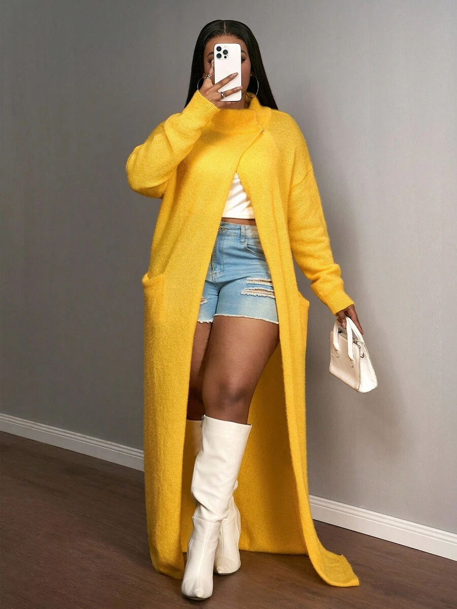 Slaydiva 秋冬新款音乐节、复活节、西部风、游牧风、生日派对、日常休闲、度假、邮轮旅行、海滩、日光浴、爆款、街头风、朋克风、夜店风，亮黄色长袖高领闪亮宽松大码开衫，时尚女装 - 黃色 - 查看 1