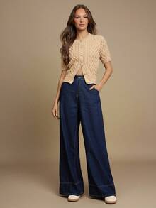 WESTFADE 中腰宽松阔腿纯棉牛仔裤，适合返校季，可爱秋装，夏季乡村音乐会 - 深色水洗藍 - 查看 3