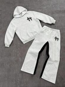 SHEIN Bộ quần áo hoodie và quần ống loe phong cách Y2K đơn giản, giản dị, vẽ tay theo phong cách Hiphop, thể thao đường phố cho bé trai tuổi teen - Nhiều màu - Xem 1