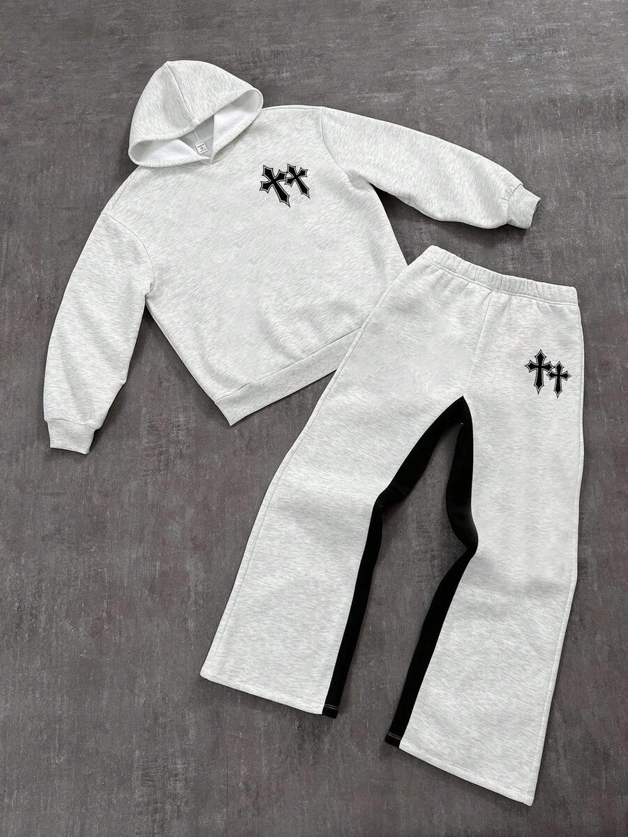 SHEIN Bộ quần áo hoodie và quần ống loe phong cách Y2K đơn giản, giản dị, vẽ tay theo phong cách Hiphop, thể thao đường phố cho bé trai tuổi teen - Nhiều màu - Xem 1