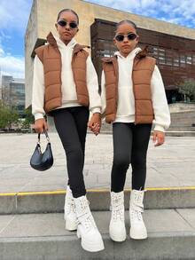 SHEIN 3 件套青少年女孩休闲无袖中式领夹棉大衣、长袖运动衫和紧身裤套装，秋冬装 - 彩色 - 查看 3