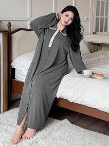 Dazy Plus Plus Size Women Peter Pan Collar Contrast Lace Half Open Front Loose Long Casual Nightgown, Spring/Autumn, For Fall, Winter - Grey - View 6
