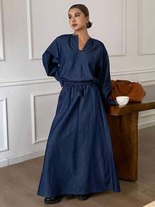 DAZY Women's Loose Casual V-Neck Denim Set, Autumn/Winter - Blue - View 5