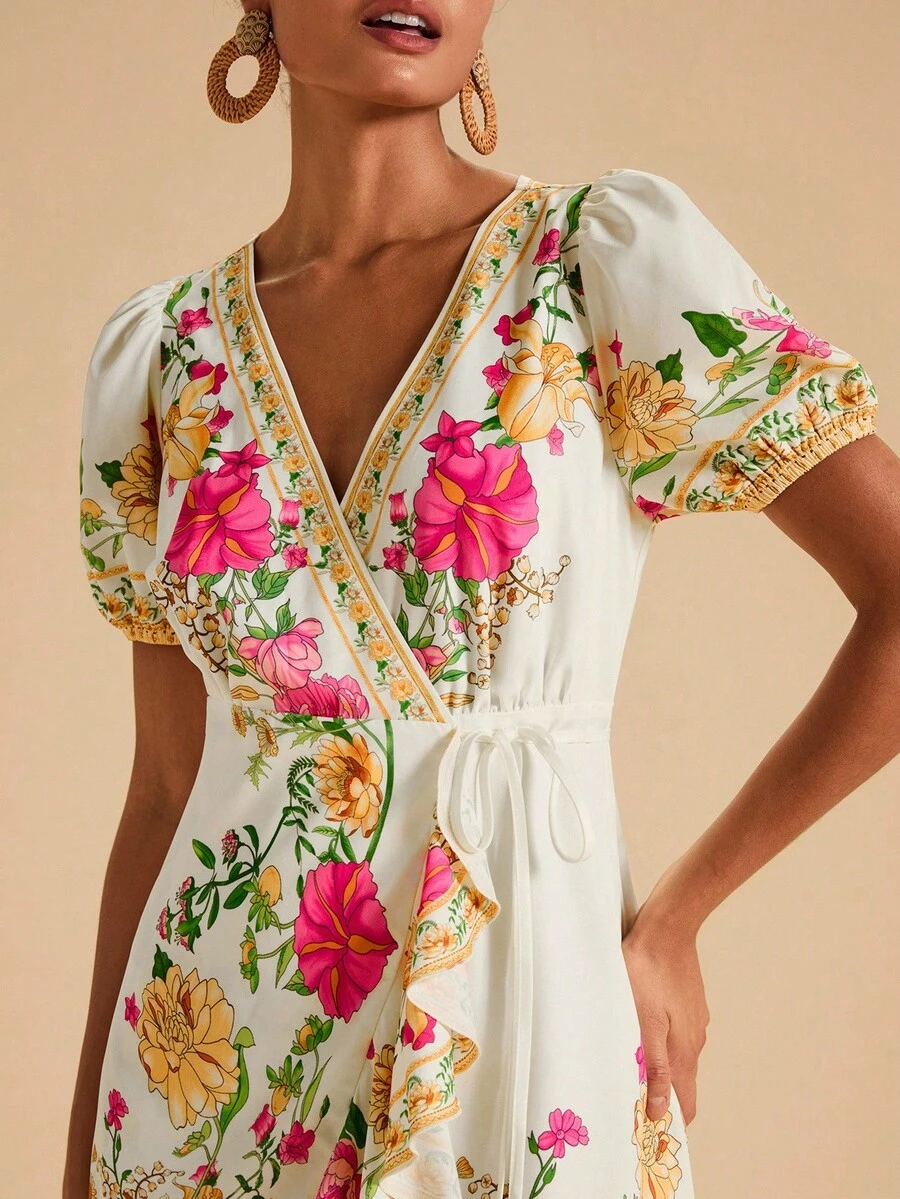 Travachic Robe courte d'été bohème à imprimé floral, col cache-cœur, manches bouffantes, volants et nœud sur le côté