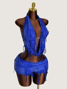 Amplova 2 Pieces Set Deep Draped Neck Sleeveless Top And Distressed Low Waist Mini Shorts, Special Fabric Blue - Blue - View 1