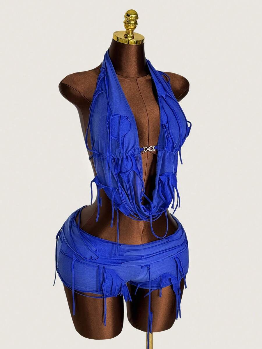 Amplova 2 Pieces Set Deep Draped Neck Sleeveless Top And Distressed Low Waist Mini Shorts, Special Fabric Blue - Blue - View 1