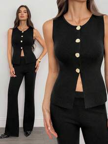 SHEIN Tall 2pcs Women Casual Commuter Sleeveless Top And Slim Flare Pants Knit Sweater Set Black Two Pieces Set In Fall/Winter, Tall Women - Black - View 1